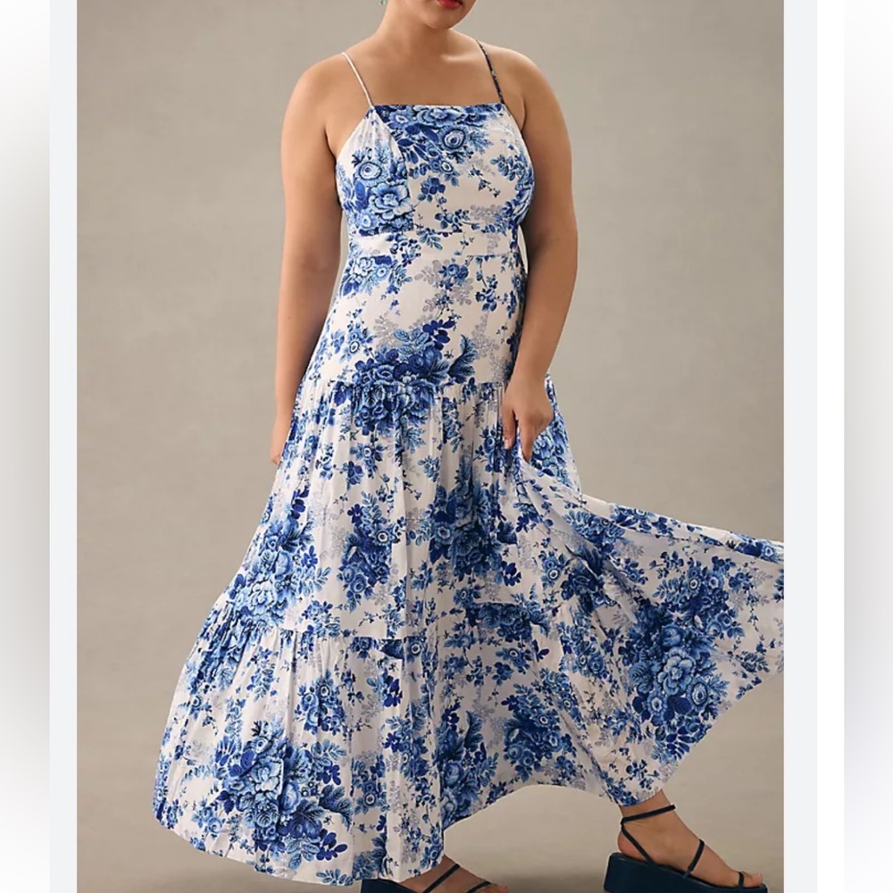 Maeve Blue White Floral Drop Waist Maxi Dress Size L